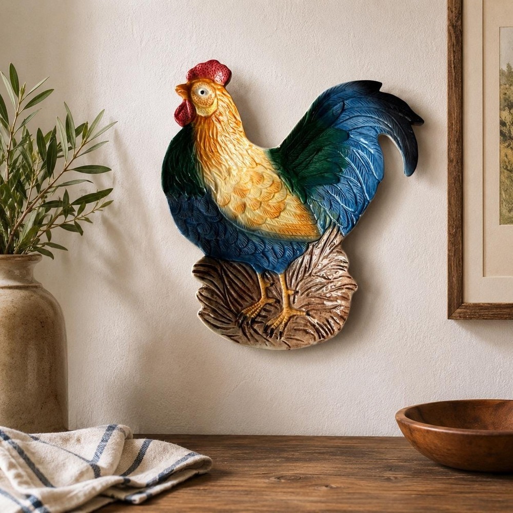 Fitz Floyd Omnibus Rooster Wall Plaque 1995 Majolica‎ Style Farmhouse Kitchen